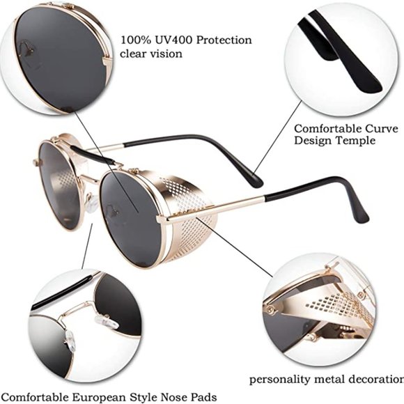Retro Gothic Steampunk Sunglasses Black, Gold Polarized Metal Frame Glasses - Picture 9 of 10